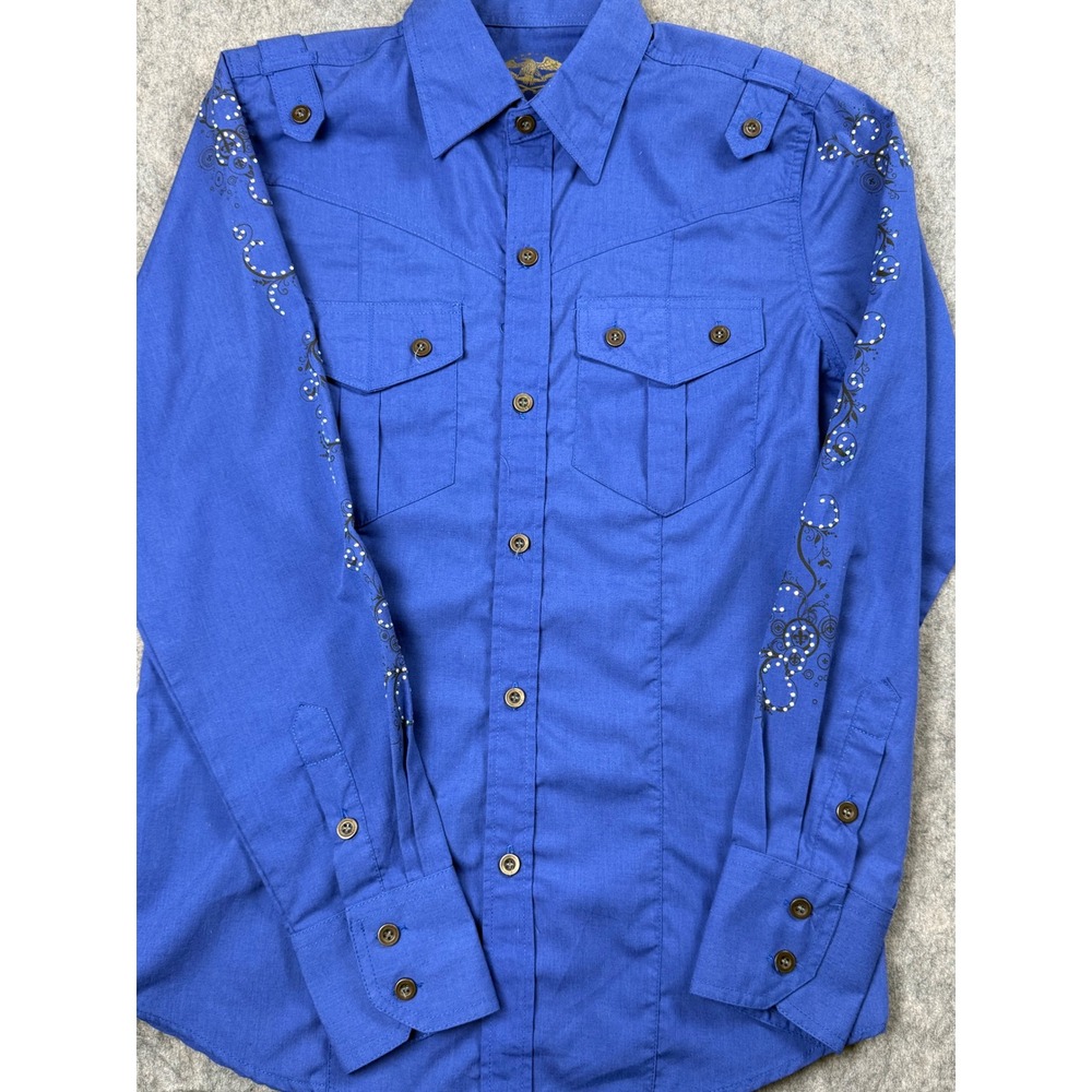 El General Womens Blue Western Shirt Embroidered Rhinestone Cross Fleur De Lis S